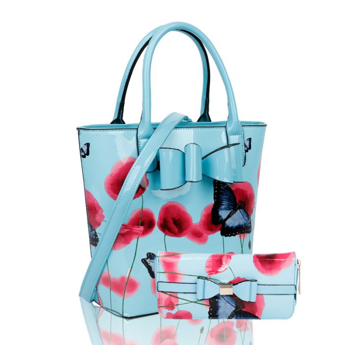 Rj180802-PB 2IN1 Poppy Flower & Butterfly Bucket Shaped Top-Handle Bag With Purse Set