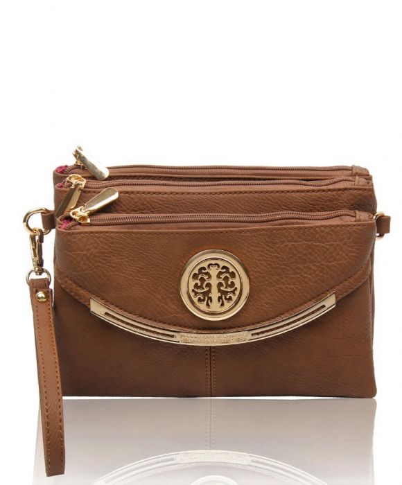 RB15111  Multi Zip Compartments Clutch Bag With Metal Gold Badge