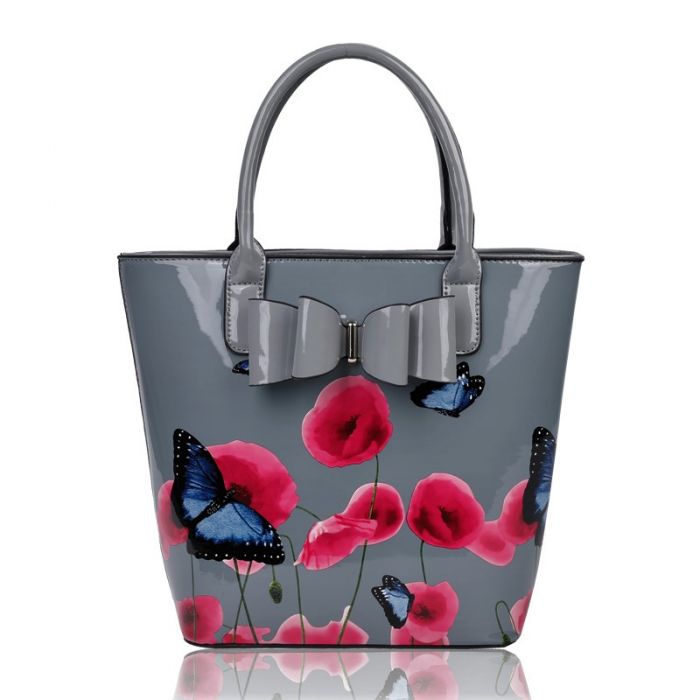 Rj180802-PB 2IN1 Poppy Flower & Butterfly Bucket Shaped Top-Handle Bag With Purse Set