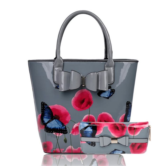 Rj180802-PB 2IN1 Poppy Flower & Butterfly Bucket Shaped Top-Handle Bag With Purse Set