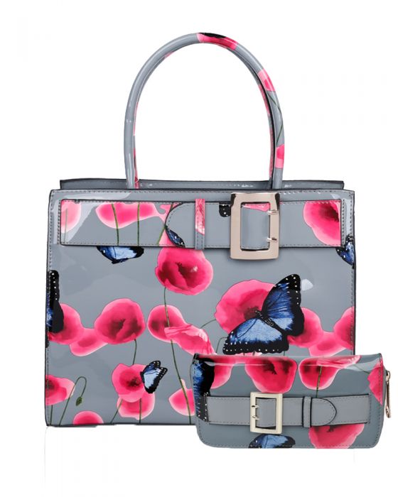 RJ180801-PB  Patent Poppy Flower & Butterfly Print With Belt Detail Top-Handle Bag With Purse Set