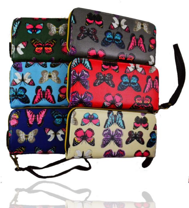 K3-Butterfly Print Oilcloth Zip Around Purse. Pack of 12pcs.