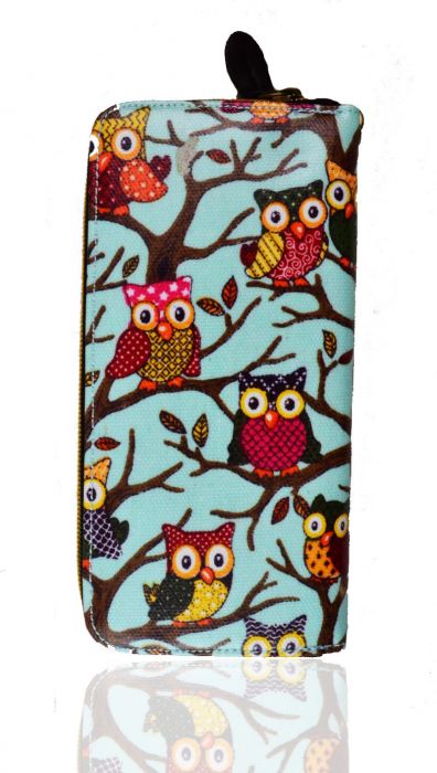 K3-OWL Classic Owl Print Oilcloth Zip Around Purse. Pack of 12pcs.