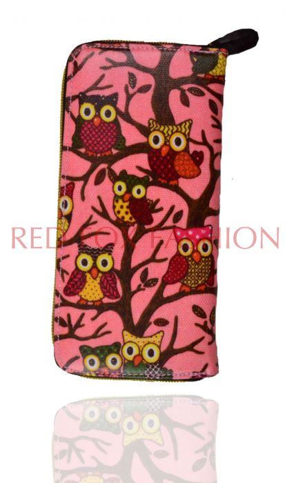 K3-OWL Classic Owl Print Oilcloth Zip Around Purse. Pack of 12pcs.