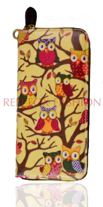 K3-OWL Classic Owl Print Oilcloth Zip Around Purse. Pack of 12pcs.