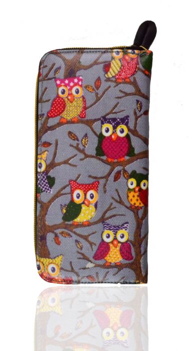 K3-OWL Classic Owl Print Oilcloth Zip Around Purse. Pack of 12pcs.