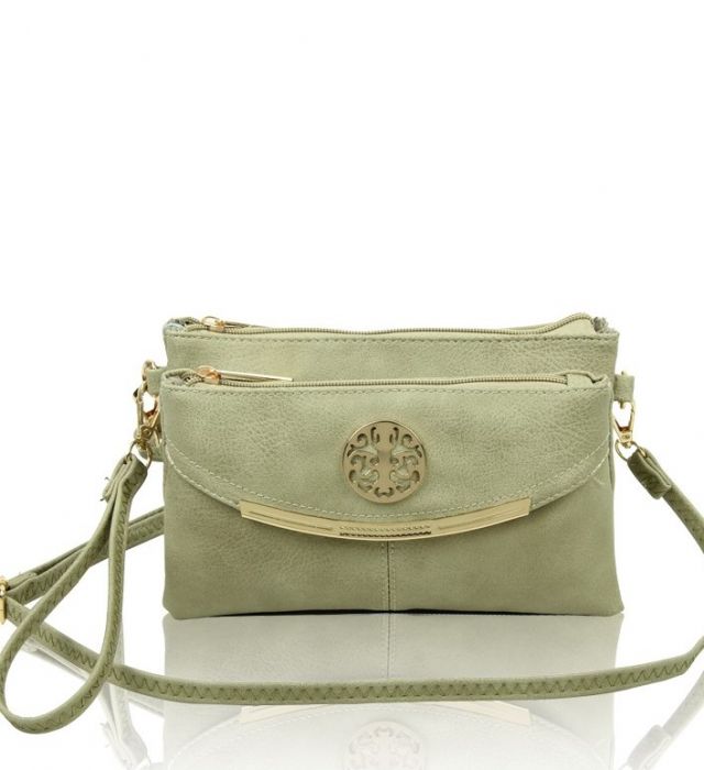 RB15111  Multi Zip Compartments Clutch Bag With Metal Gold Badge
