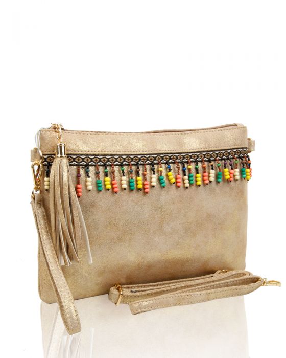 P1703-M  Traditional Style Clutch Bag With Tassel & Beads Detail