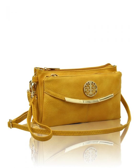 RB15111  Multi Zip Compartments Clutch Bag With Metal Gold Badge