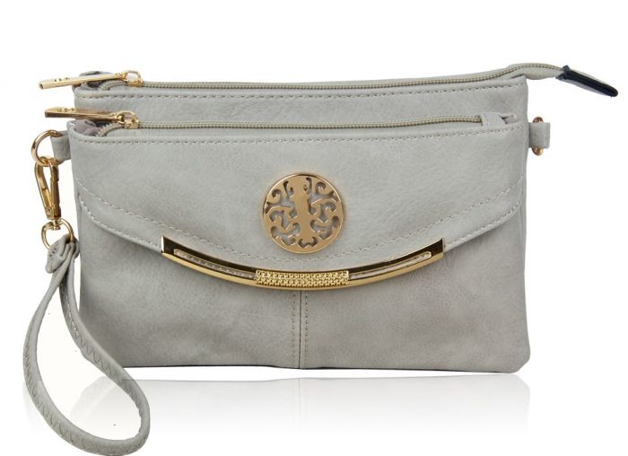 RB15111  Multi Zip Compartments Clutch Bag With Metal Gold Badge