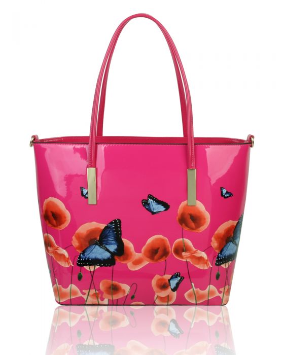 Rj171056  Patent Poppy Flower & Butterfly Patterned Tote Bag