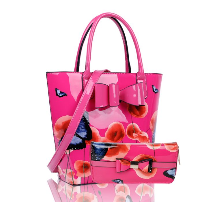Rj180802-PB 2IN1 Poppy Flower & Butterfly Bucket Shaped Top-Handle Bag With Purse Set