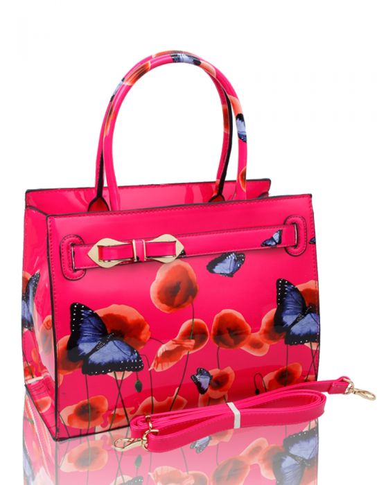 RJ150355-PB  Patent Poppy & Butterfly Patterned Top-Handle Bag With Ribbon Belt Details