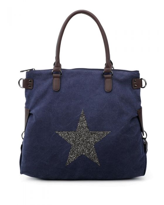 RX160163-Canvas Tote Bag With Glitter Star Patterned