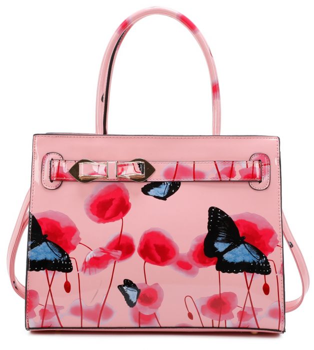 RJ150355-PB  Patent Poppy & Butterfly Patterned Top-Handle Bag With Ribbon Belt Details