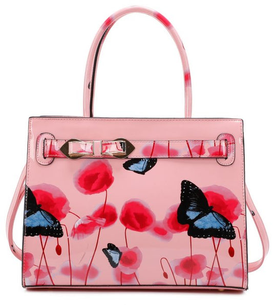 RJ150355-PB  Patent Poppy & Butterfly Patterned Top-Handle Bag With Ribbon Belt Details