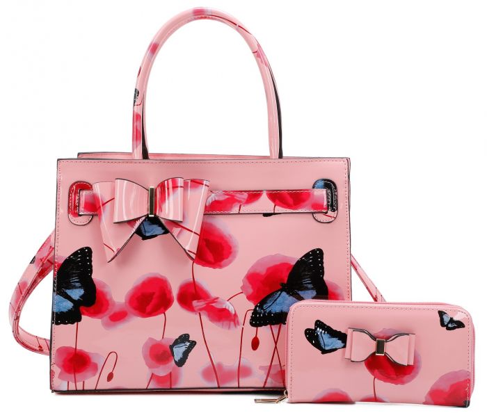 RJ211101 POPPY FLOWER & BUTTERFLY PATTERN PRINT BELT TOP HAND BAG WITH PURSE SET
