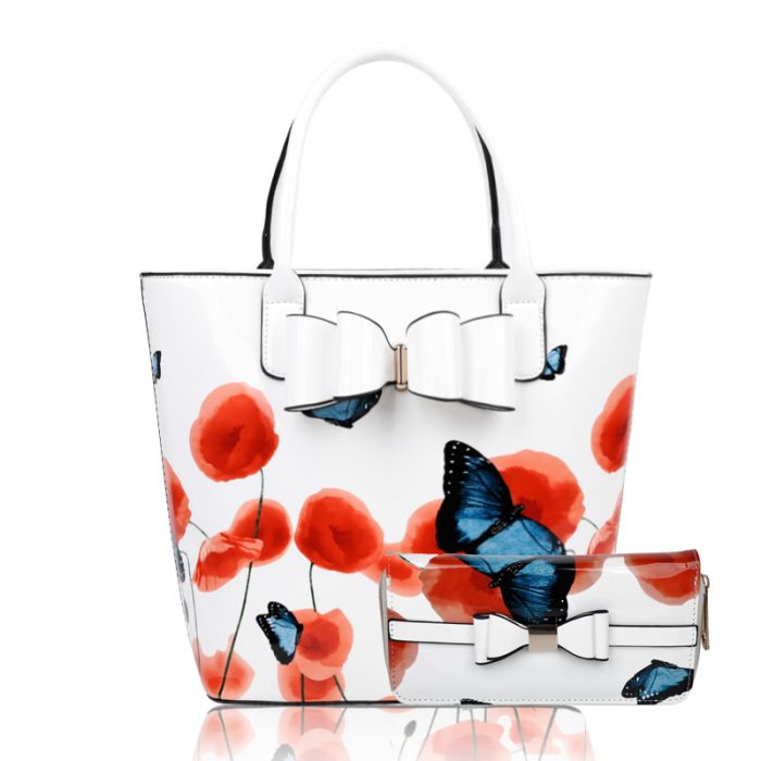 Rj180802-PB 2IN1 Poppy Flower & Butterfly Bucket Shaped Top-Handle Bag With Purse Set