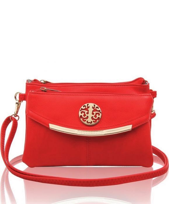 RB15111  Multi Zip Compartments Clutch Bag With Metal Gold Badge