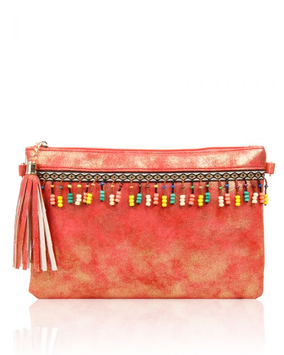 P1703-M  Traditional Style Clutch Bag With Tassel & Beads Detail