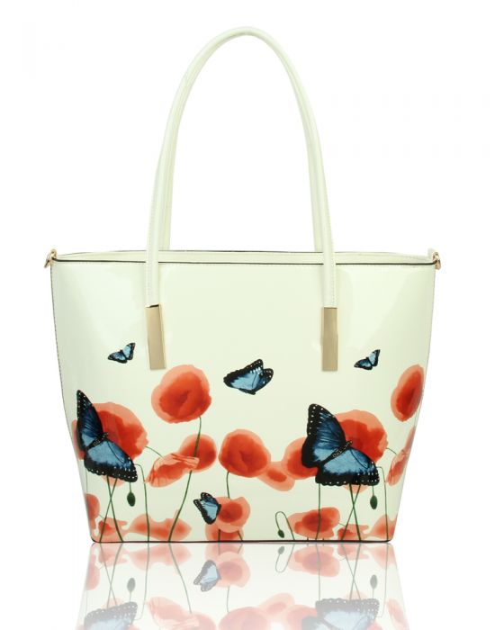Rj171056  Patent Poppy Flower & Butterfly Patterned Tote Bag