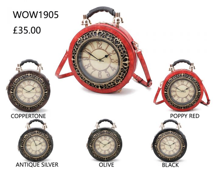 WOW1905 Vintage clock looking PU leather handbag